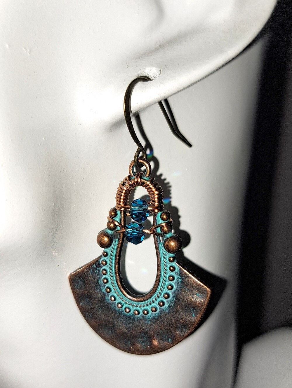 Turquoise Patina Bronze Boho Earrings with Wire Wrap Crystal Beads